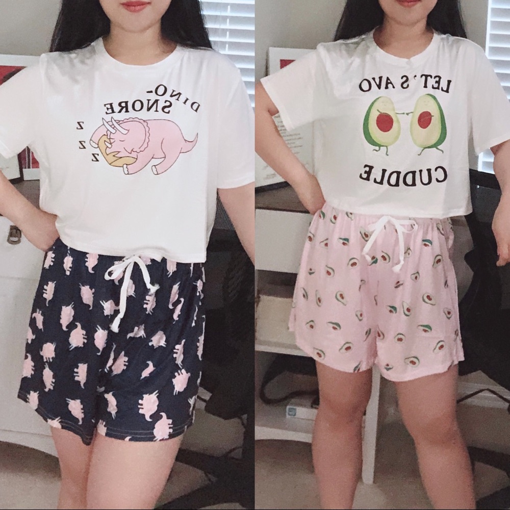2 Sets Women short sleeve intimate cartoon sexy cotton silk sleepwear pajamas